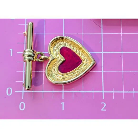Vintage Signed FO Red Enamel Gold Tone Heart Dangle Brooch - Picture 5 of 5
